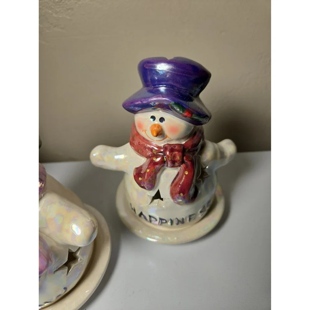 Vintage Ceramic Snowman Tealight Candle Holder Lot of 3 Christmas Holiday Decor